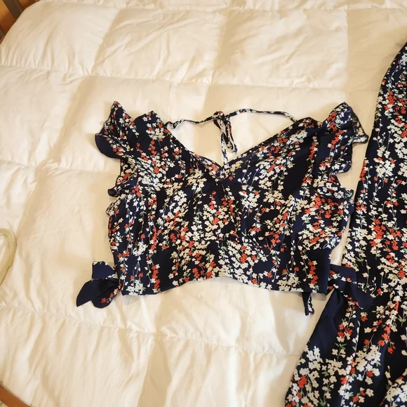 Floral Two Piece Set Maxi Skirt & Ruffle Crop Top Size Large Boho Cottagecore - Picture 4 of 7